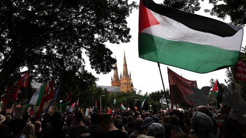 SYDNEY, AUSTRALIA - AUGUST 24: Protesters gather at the National March for a pro-Palestine rally on August 24, 2025 in Sydney, Australia. Protests were held around the country as the international community continues to seek a sustainable solution for the ongoing conflict between Israel and Hamas in Gaza. (Photo by Izhar Khan/Getty Images)