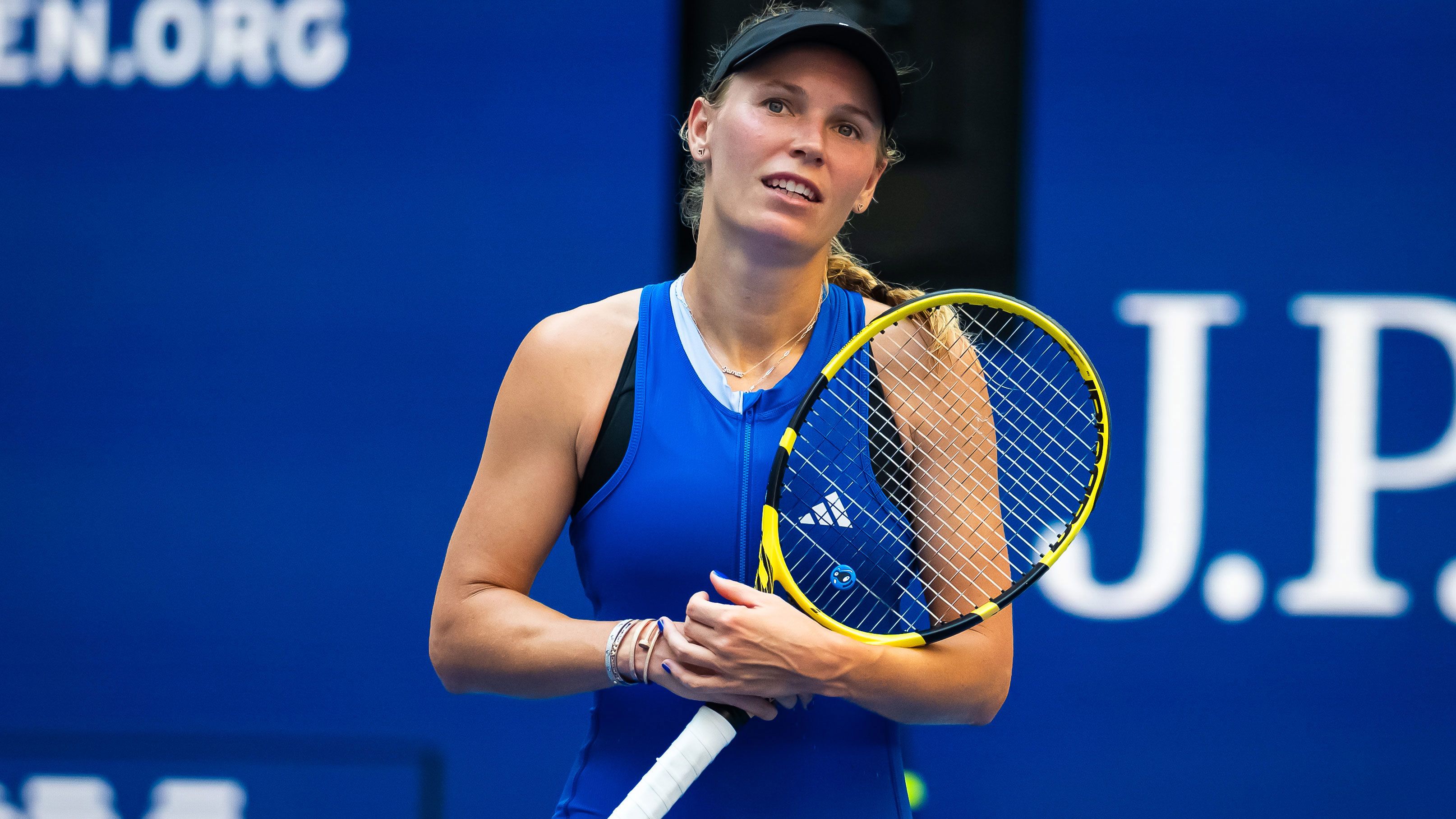 Caroline Wozniacki of Denmark in action against Coco Gauff of the United States in the fourth round of the 2023 US Open. 