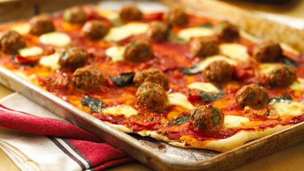 Italian meatball pizza with baby boconcini