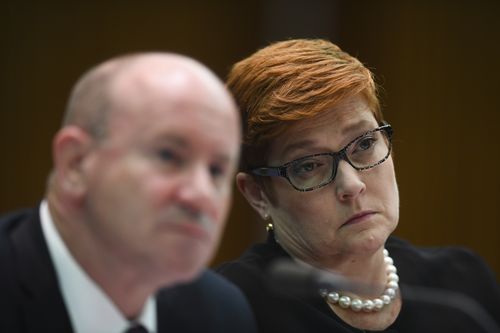 Foreign Minister Marise Payne at a Senate estimates hearing at Parliament House in Canberra today.