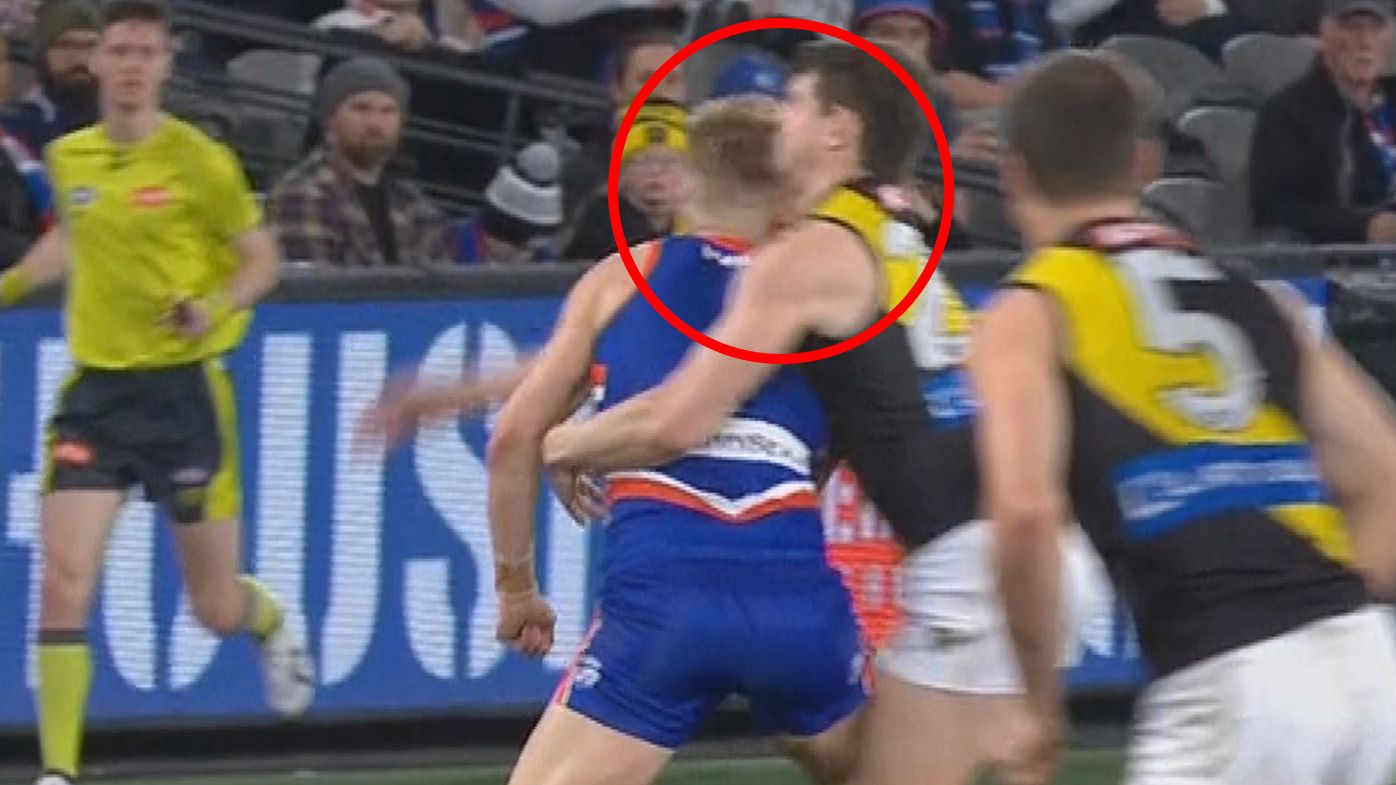 Jacob Hopper was subbed out following this head clash in against the Bulldogs.