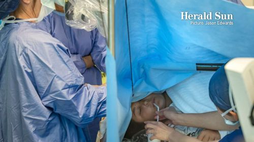 The teen in the operating theatre of the Royal Children's Hospital in Melbourne. (Herald Sun/ Jason Edwards)