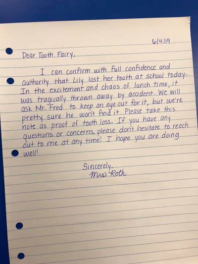 Teacher writes letter to Tooth Fairy after student loses tooth at school