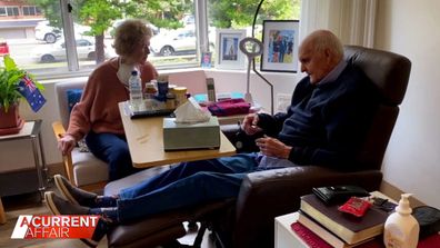 Wesley Aged Care resident Bev Wilson visiting her husband Stuart. 