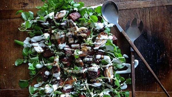 Beetroot and roast onion salad with yoghurt dressing