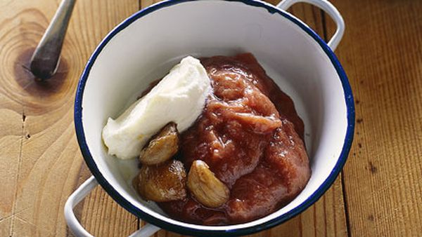 Stewed rhubarb and apple with roasted chestnuts