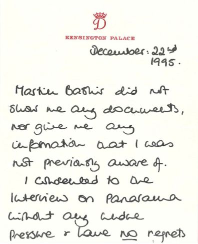 Handwritten note from Princess Diana about Martin Bashir and her Panorama interview