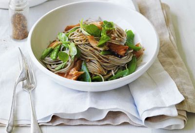 Soy-roast ocean trout with peas and soba noodles
