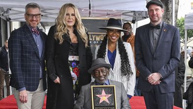 Marc Malkin, Jennifer Coolidge, Garrett Morris, Tichina Arnold and Matt Fritch receiving a star on the Hollywood walk of fame