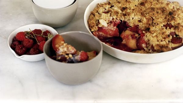 Peach, raspberry and almond crumble