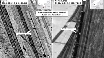 In this aerial graphic provided by the US Government, Russian railcars are seen travelling between Russia and North Korea