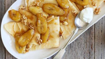 Recipe: <a href="https://kitchen.nine.com.au/2017/09/20/11/53/caramelised-banana-crepes" target="_top">Caramelised banana crepes with yogurt and walnuts</a>