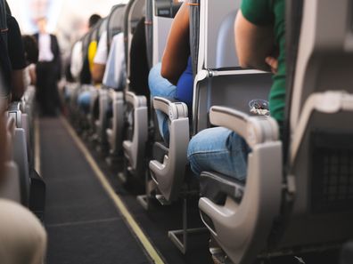 Passengers seated on a commercial flight.