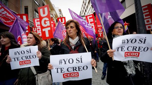 Feminists joined the ranks of people marking May Day in Madrid, Spain. (AP).