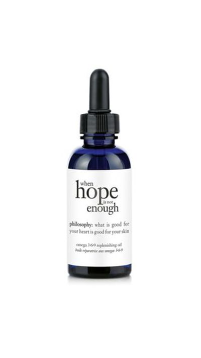 <p><a href="http://mecca.com.au/philosophy/hope-is-not-enought-omega-oil/I-019465.html#sz=164&amp;start=1" target="_blank">When Hope Is Not Enough Omega Oil, $60, Philosophy</a></p>