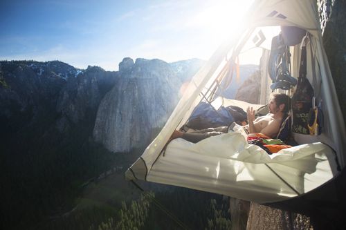 Kevin Jorgeson rests up before attempting to climb the hardest pitches of his life as soon as the sun goes down. 