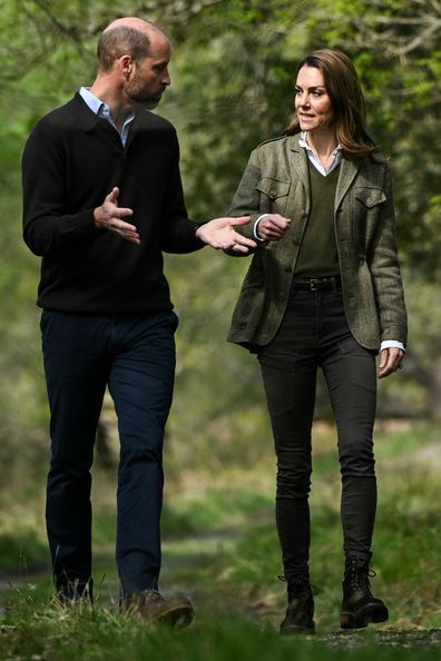 ARDURA, SCOTLAND - APRIL 30: Prince William, Prince of Wales and Catherine, Princess of Wales speak together as they meet Countryside Rangers from the Mull and Iona Ranger Service during a visit at the Ardura Community Forest on April 30, 2025 in Ardura, Isle of Mull, Scotland. The Prince and Princess of Wales are on a two-day visit to the Isles of Mull and Iona on the 29th and 30th of April to engage with rural island communities. During their time on the islands, they will connect with local r
