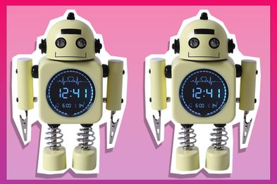 9PR: Laser Kids Robot Alarm Clock Yellow, Date, Sleep Sound, Temperature, Alarms with Snooze, Note Holder, Suitable for Bedside Table, Heartbeat Graphics