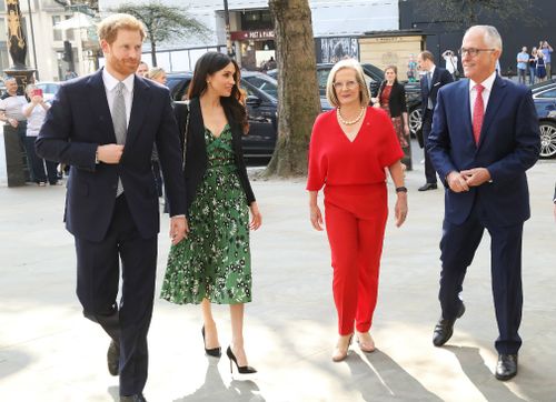 Prince Harry, Meghan Markle, Lucy Turnbull and Prime Minister Malcolm Turnbull arrive during an Invictus Games event at Australia House in London. (AAP)