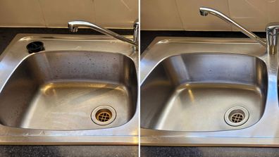 Kitchen sink before and after polish clean