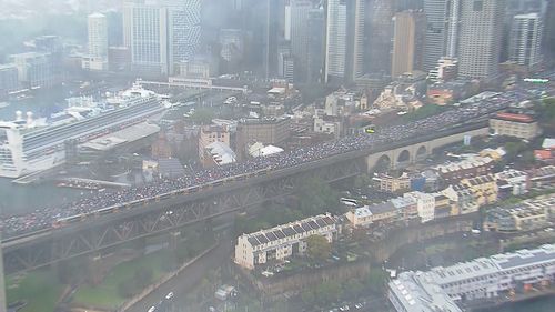 Aerial shot of Sydney Harbour Bridge during pro-Palestine protest