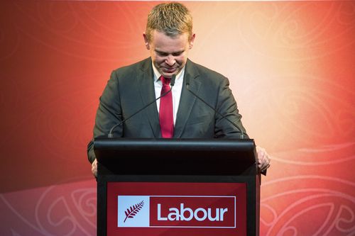 New Zealand Prime Minister Chris Hipkins, who spent just nine months in the top job, tells supporters he had called challenger Christopher Luxon to concede, at a party event in Wellington, Saturday, Oct. 14, 2023, following a general election loss. 