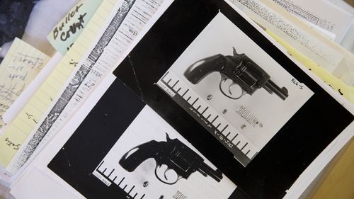 Evidence photographs of the gun used in the assassination plot to kill Robert F. Kennedy are displayed at the home of Paul Schrade in Los Angeles. Schrade was standing behind and was wounded when Presidential candidate Robert F. Kennedy (RFK) was assassinated in 1968 at the Ambassador Hotel and believes that additional gunmen were involved. (Getty)