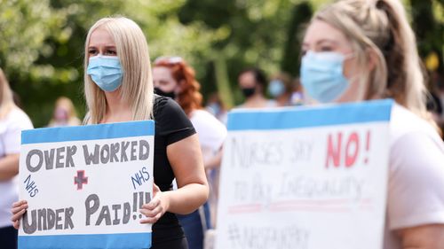 Nurses and other frontline NHS workers stage a protest Glasgow Green after being left out of a public sector pay rise on August 08, 2020 in Glasgow, United Kingdom