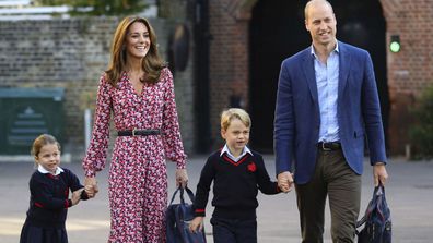 Britain's Princess Charlotte, left, with her brother Prince George and their parents Prince William and Kate, Duchess of Cambridge, arrives for her first day of school at Thomas's Battersea in London, Thursday Sept. 5, 2019