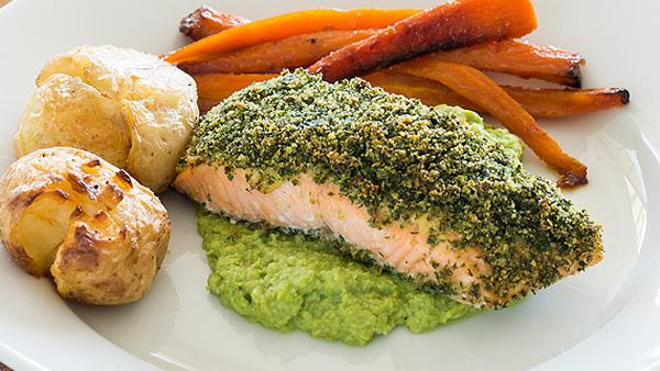 Lyndey Milan's herb-crusted salmon with pea puree, smashed potatoes and carrots