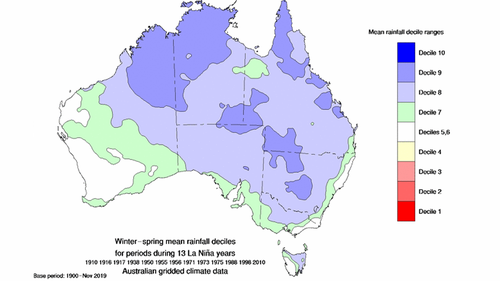 Average winter-spring rainfall (top) from 13 La Niña years combined, indicating average rainfall and temperature footprints of La Niña.