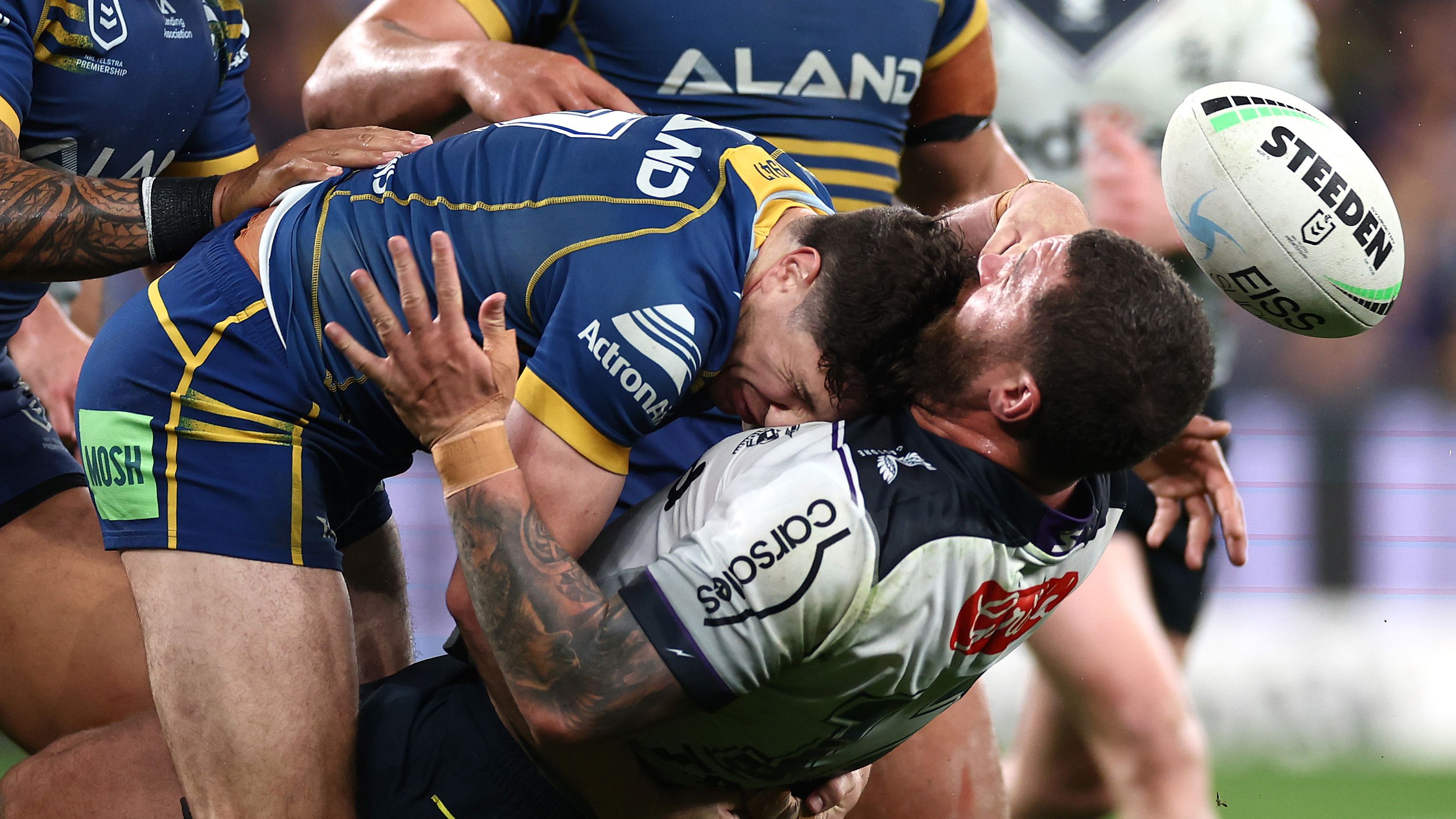 Kenneath Bromwich of the Storm is tackled by Mitchell Moses of the Eels during the round 25 NRL match between the Parramatta Eels and the Melbourne Storm at CommBank Stadium on September 01, 2022, in Sydney, Australia. (Photo by Cameron Spencer/Getty Images)