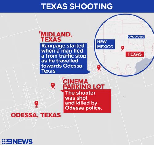 The shootings took place between Midland and Odessa in Texas.