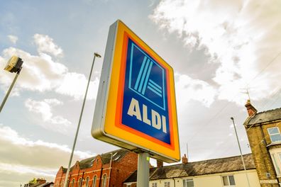 Northampton UK October 3, 2017: Aldi logo sign in Northampton town centre.