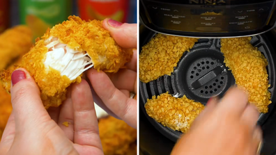 TikToker uses pringles to substitute bread crumbs in viral fried chicken recipe.
