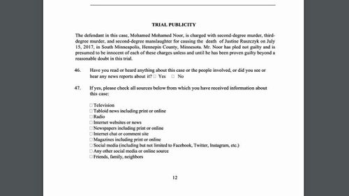 Other questions ask potential jurors if they know of the case against Noor - and to tick every source of media in which they saw it.