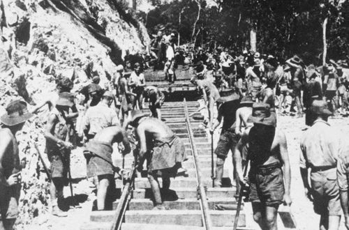 The 420km-long railway went through thick jungle and rugged mountains. There was little machinery and prisoners were forced into manual labour. (Australian War Memorial).