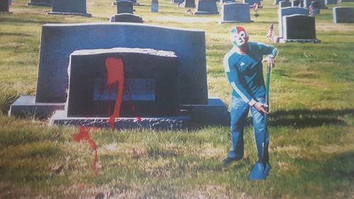 A photo of RJ Cipriani's mother's tombstone, that was vandalised by one of Owen Hanson's crew. This was another example of threats and packages sent to Cipriani and Santo. (Supplied)