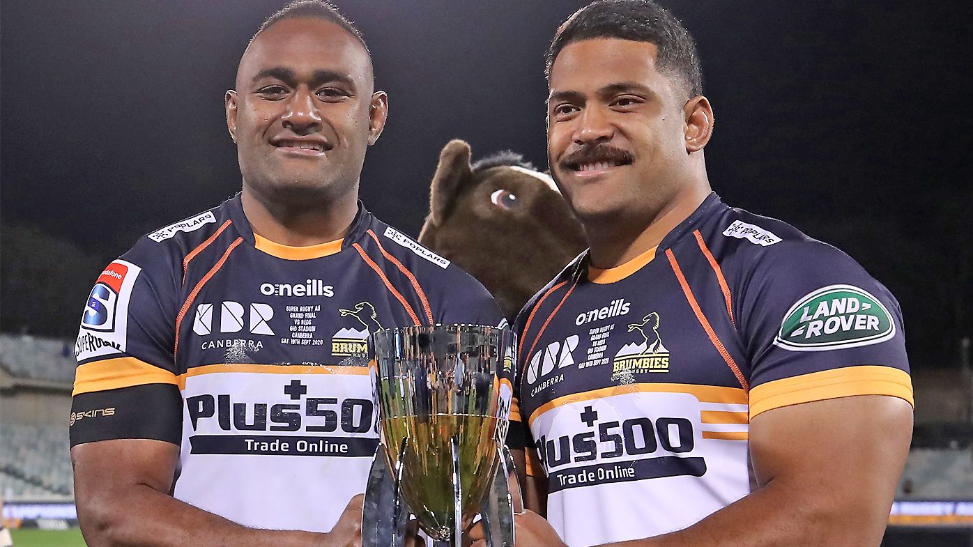 Tevita Kuridrani of the Brumbies and Scott Sio of the Brumbies celebrate after winning the Super Rugby AU Grand Final