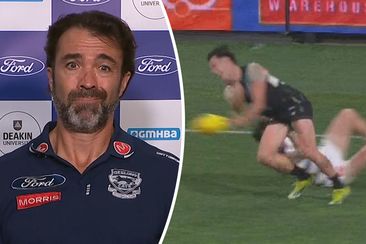 Geelong coach Chris Scott went on a five-minute spray on the state of the rules after players were not permitted to play advantage after this holding the ball free kick was blown.