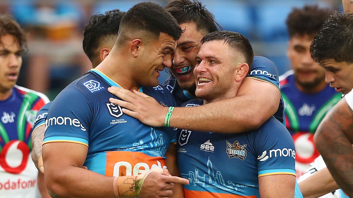 David Fifita of the Titans celebrates a try against the Warriors in Round 25 last season.