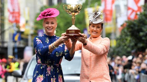 The 2019 Melbourne Cup trophy in pride of place at the parade.