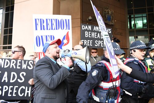 United Patriots Front (UPF) supporter Neil Erikson is seen at the Magistrates Court in Melbourne in September. (AAP)