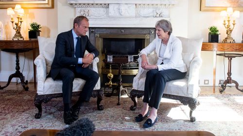 British Prime Minister Theresa May mmeets with President of the European Council Donald Tusk inside 10 Downing Street in London, Britain, ahead of a House of Commons meeting. Picture: EPA