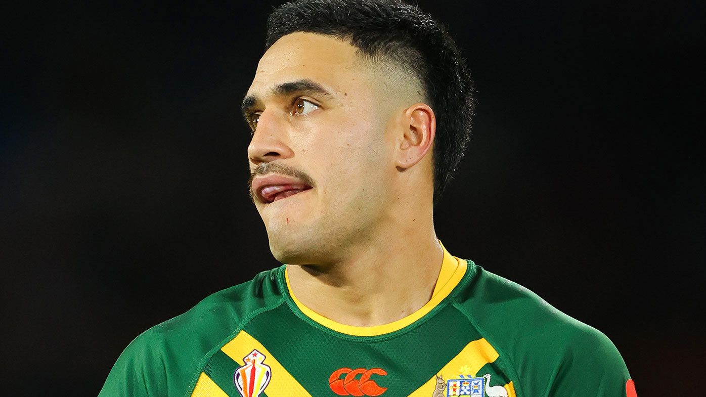 Valentine Holmes pictured in action for the Kangaroos during the 2022 Rugby League World Cup