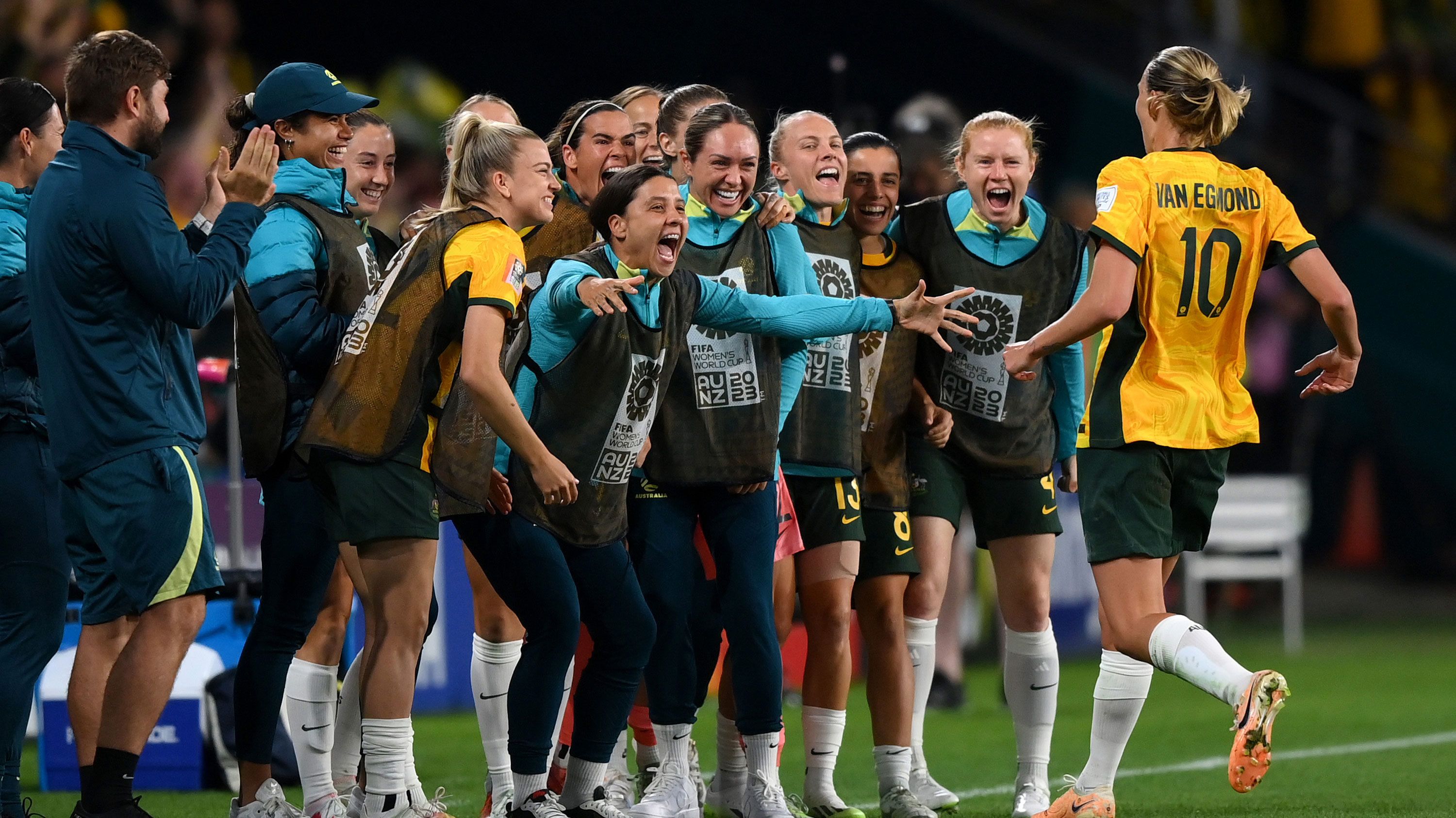 Emily Van-Egmond celebrates with Sam Kerr and the Matildas bench after scoring her team&#x27;s goal against Nigeria during the FIFA Women&#x27;s World Cup. 