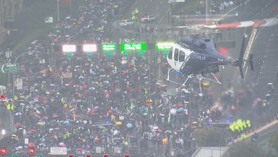Aerial shot of Sydney Harbour Bridge during pro-Palestine protest