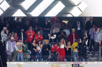 LAS VEGAS, NEVADA - FEBRUARY 11: (L-R) Actor Miles Teller, singer Lana Del Rey, singer Ice Spice, singer Taylor Swift, and actress Blake Lively react in overtime during Super Bowl LVIII between the San Francisco 49ers and Kansas City Chiefs at Allegiant Stadium on February 11, 2024 in Las Vegas, Nevada. (Photo by Michael Reaves/Getty Images)