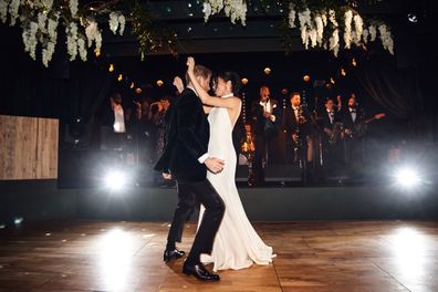 Meghan, Duchess of Sussex, with Prince Harry, Duke of Sussex, during their evening wedding reception at Frogmore House on May 19, 2018 in Windsor.