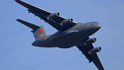 A Y-20 transport aircraft of the Chinese People's Liberation Army (PLA) Air Force performs during the 12th China International Aviation and Aerospace Exhibition, also known as Airshow China 2018, in Zhuhai city, southern China on Nov. 7, 2018.